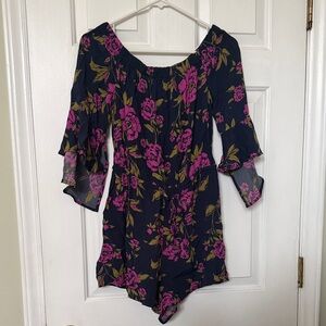 Express Black Floral Off-Shoulder Romper with Pink & Olive Print